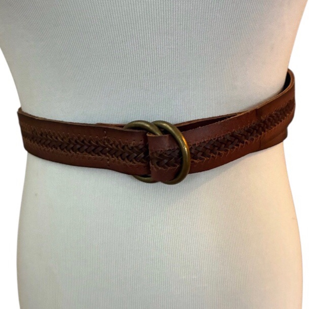 J. Crew Vintage Braided Brown Leather Brass Double O Ring Belt